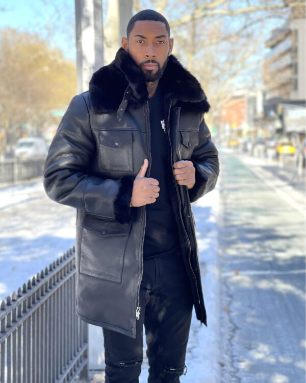 Men's Shearling - Black 3/4 Trench With Pocket