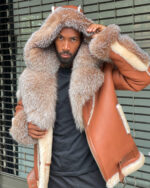 Men's DaRucci Cognac Brown Biker Shearling Jacket with Crystal Fox Fur & Hood