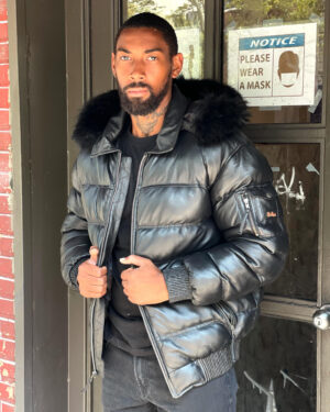 Men's Leather Puffer Bomber - Black (Black Fur)
