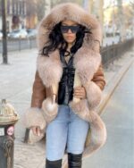 Women's DaRucci Cognac Long Length Shearling with Crystal Fox Fur