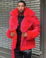 Men's DaRucci Red Biker Shearling Jacket with Red Fox Fur & Hood