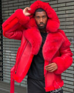 Men's DaRucci Red Biker Shearling Jacket with Red Fox Fur & Hood