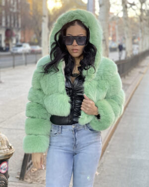 Women's DaRucci Green Fox Fur Hooded Crop Top