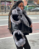 Women's DaRucci Black Biker Style Shearling with Silver Fox Hood