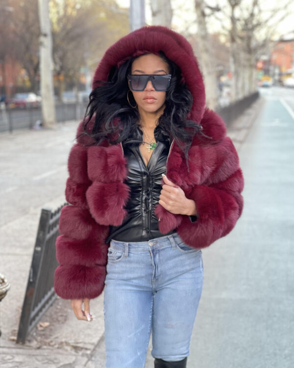 Women's DaRucci Burgundy Fox Fur Hooded Crop Top