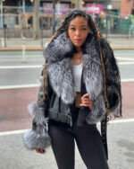 Women's DaRucci Black Biker Style Shearling with Silver Fox Hood