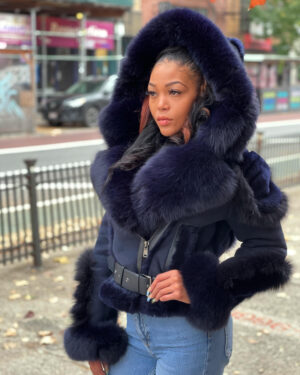 Women's DaRucci Navy Blue Biker Style Shearling with Fox Hood