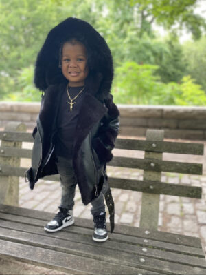 Kids' DaRucci Black 3/4 Length Biker Style Leather Jacket with Black Fox Fur Hood
