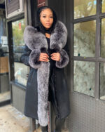 Women's DaRucci 3/4 Long Black Shearling with Silver Fox Fur and Hood
