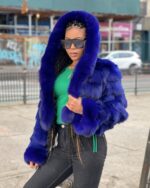 Women's DaRucci Electric Blue Fox Fur Bomber Jacket with Hood