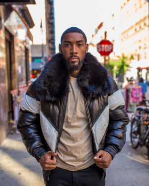 Men's DaRucci Black & White V Bomber Leather Jacket with Black Fur