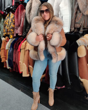 Women's DaRucci Cognac Waist Length Shearling with Crystal Fox Fur