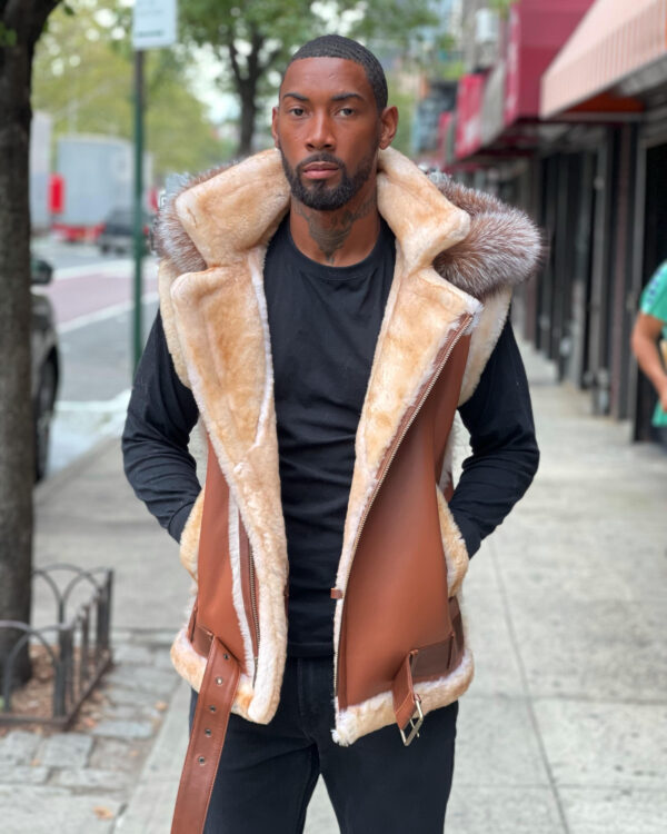 Men's DaRucci Cognac Brown Shearling Vest with Crystal Fox Hood