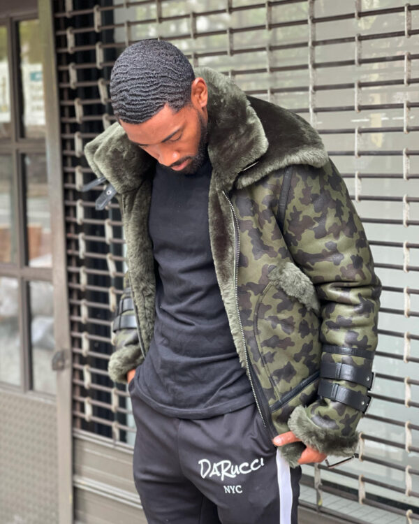 Men's DaRucci Camo Aviator Shearling Jacket with Double Collar