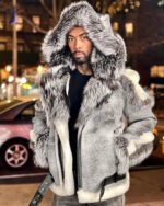 Men's DaRucci Distressed Grey Biker Shearling Jacket with Silver Fox Fur