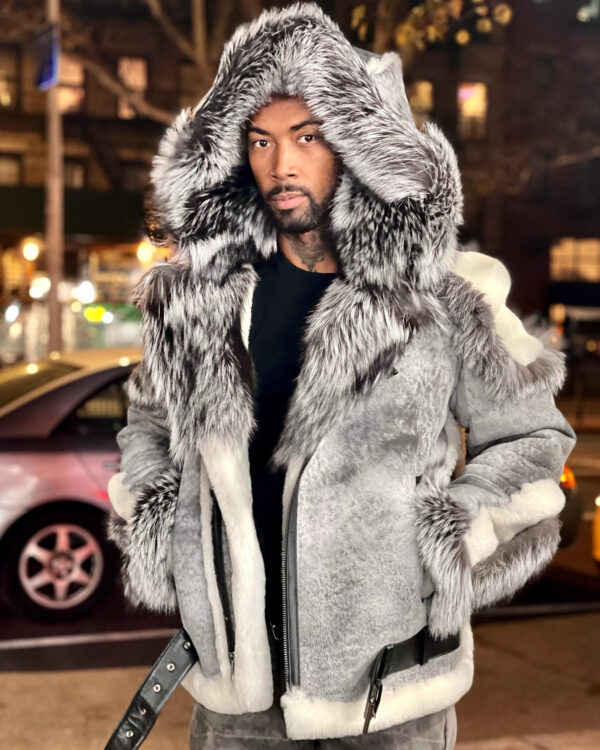 Men's DaRucci Distressed Grey Biker Shearling Jacket with Silver Fox Fur
