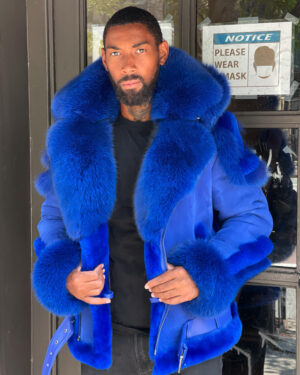 Men's DaRucci Royal Blue Biker Shearling Jacket with Blue Fox Fur & Hood