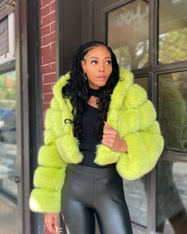 Women's DaRucci Lime Green Fox Fur Hooded Crop Top