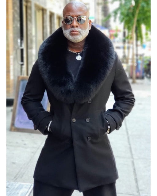 Men's DaRucci Black 3/4 Trench Peacoat with Black Fox Fur Collar