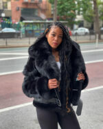 Women's DaRucci Black Biker Style Shearling with Black Fox Hood