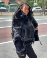 Women's DaRucci Black Biker Style Shearling with Black Fox Hood