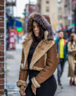 Women's DaRucci Cognac Crop Top Shearling Jacket with Crystal Fox Hood