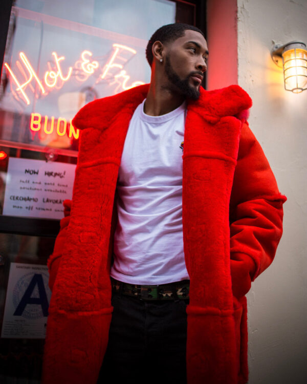 Men's Shearling- 3/4 Red With Red Fox Fur Hood