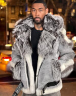 Men's DaRucci Distressed Grey Biker Shearling Jacket with Silver Fox Fur