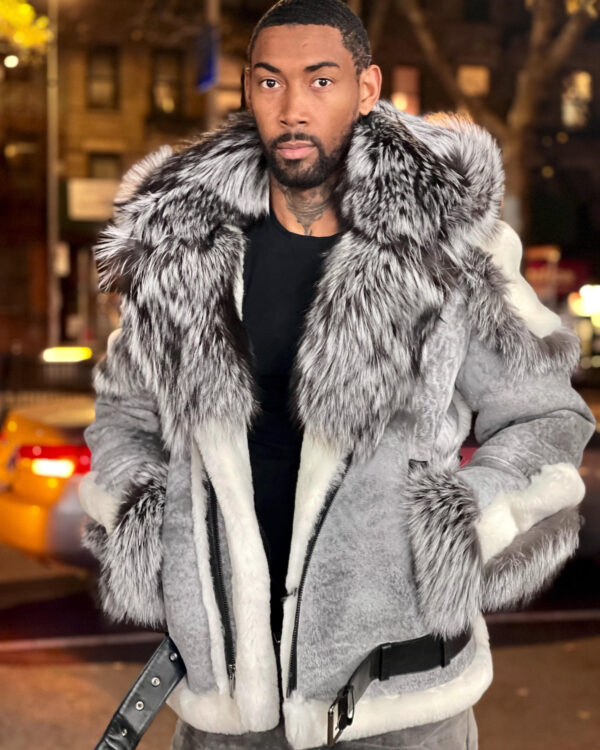 Men's DaRucci Distressed Grey Biker Shearling Jacket with Silver Fox Fur