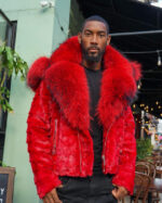 Men's DaRucci Red Biker Mink Jacket with Red Fur