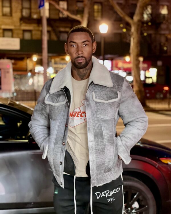 Men's DaRucci Distressed Grey Denim Style Shearling Jacket