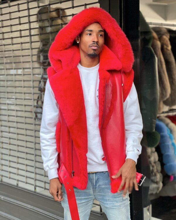Men's DaRucci Red Shearling Vest with Red Fox Hood