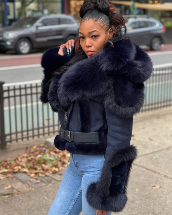 Women's DaRucci Navy Blue Biker Style Shearling with Fox Hood