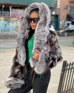 Women's DaRucci Silver Fox Fur Bomber Jacket with Hood