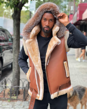 Men's DaRucci Cognac Brown Shearling Vest with Crystal Fox Hood