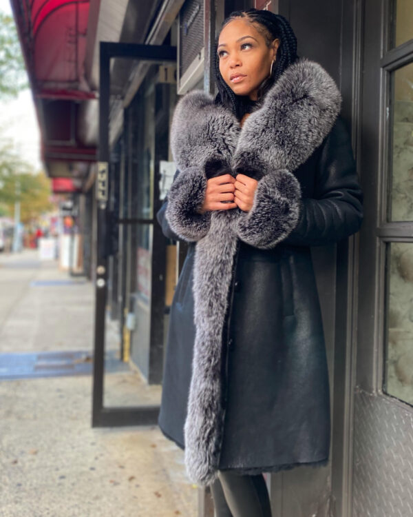 Women's DaRucci 3/4 Long Black Shearling with Silver Fox Fur and Hood
