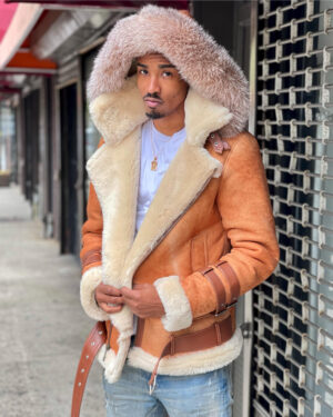 Men's DaRucci Distressed Cognac Pilot Shearling Jacket with Hood