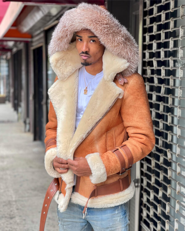 Men's DaRucci Distressed Cognac Pilot Shearling Jacket with Hood