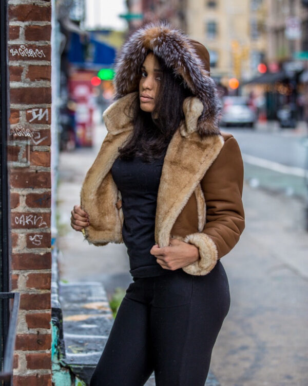 Women's DaRucci Cognac Crop Top Shearling Jacket with Crystal Fox Hood