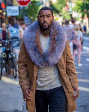 Men's DaRucci Tan 3/4 Trench Peacoat with Crystal Fox Fur Collar