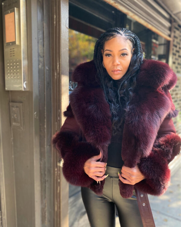 Women's DaRucci Burgundy Biker Style Shearling with Fox Hood