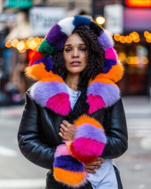 Women's DaRucci Black Crop Top Shearling Jacket with Multi Color Fur