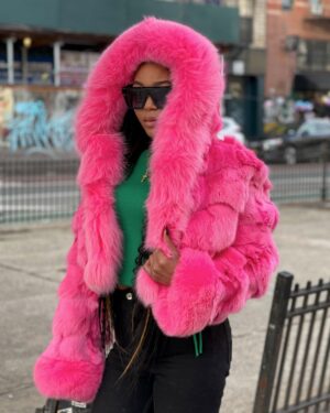 Women's DaRucci Hot Pink Fox Fur Bomber Jacket with Hood