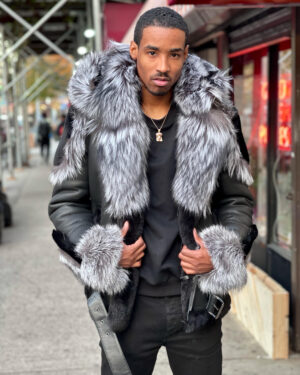 Men's Shearling - Black Biker Style With Silver Fox Fur & Hood