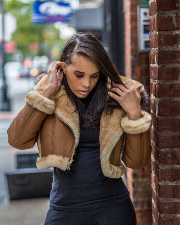 Women's DaRucci Cognac Crop Top Shearling Jacket with Crystal Fox Hood