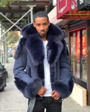 Men's DaRucci Navy Blue Biker Shearling Jacket with Navy Blue Fur & Hood