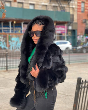Women's DaRucci Black Fox Fur Bomber Jacket with Hood