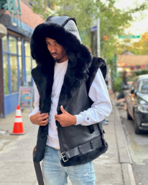 Men's DaRucci Black Shearling Vest with Black Fox Hood
