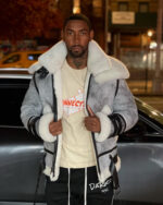 Men's DaRucci Aviator Style Distressed Grey Shearling Jacket with Double Collar