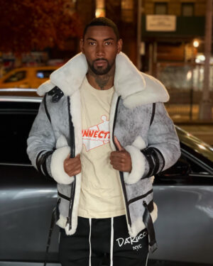 Men's DaRucci Aviator Style Distressed Grey Shearling Jacket with Double Collar